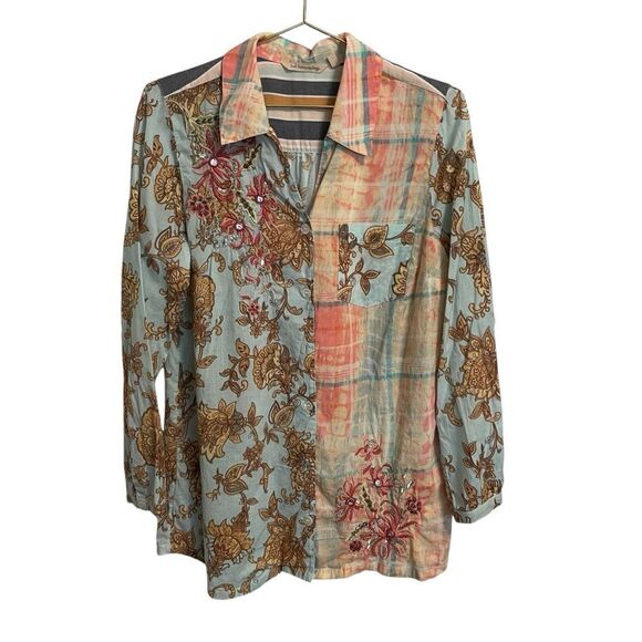Soft Surroundings Descana Beaded Boho Print Button Down Cotton Tunic MED - Picture 1 of 8